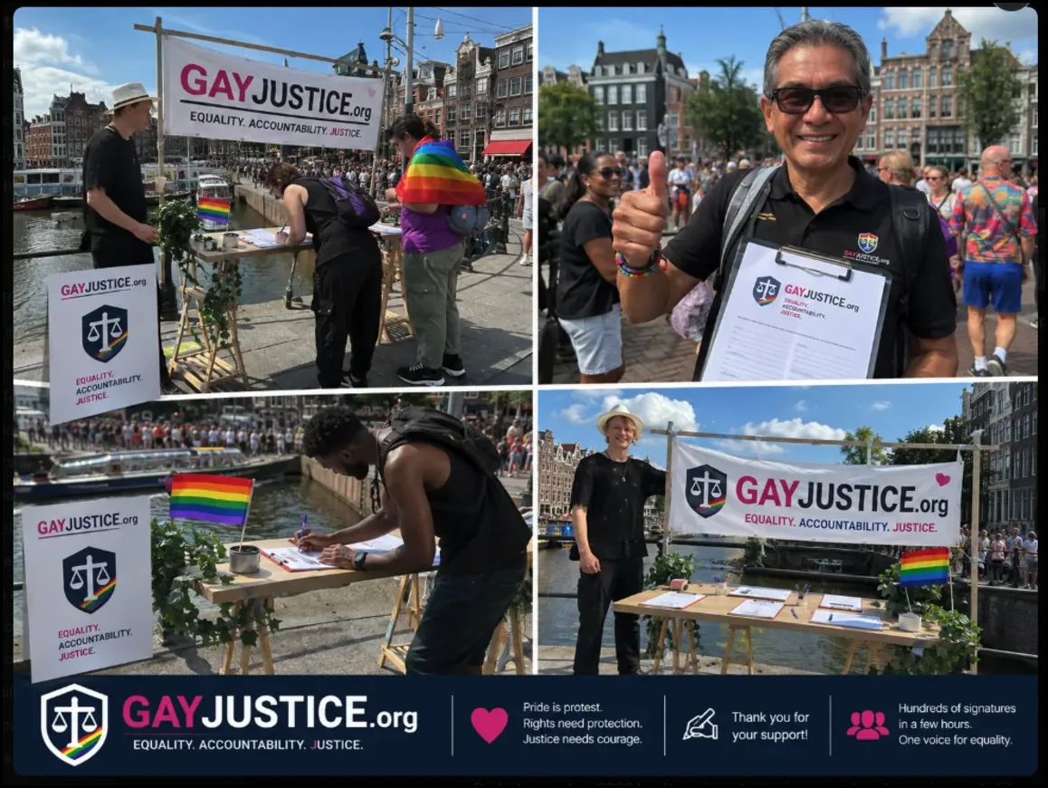 Handtekeningen actie GayJustice.org bij Pride Amsterdam 2026 voor onafhankelijk onderzoek naar politie-intimidatie en discriminatie