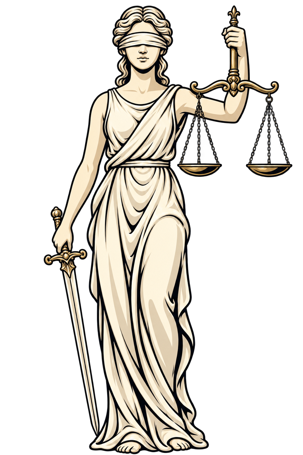 Vrouwe Justitia met blinddoek, weegschaal en zwaard — redactioneel symbool